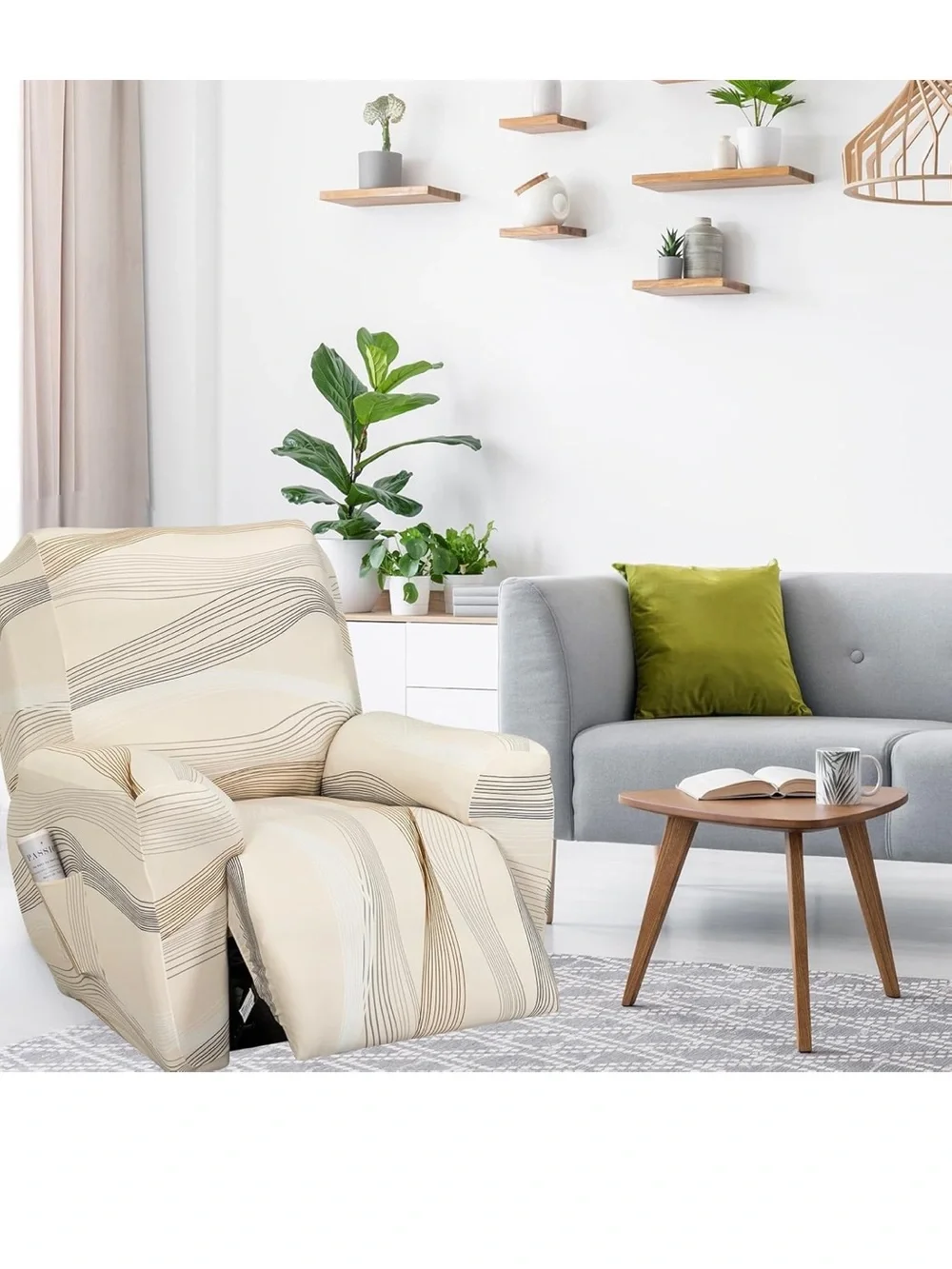 Lazy Boy Recliner Furniture Slipcover Wavy Geometric Print - Cream Brown